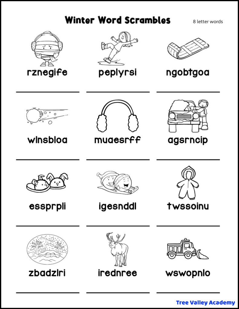 Free printable winter word scramble for kids with a picture for each word. There are 12 jumbled 8 letter winter words to solve.