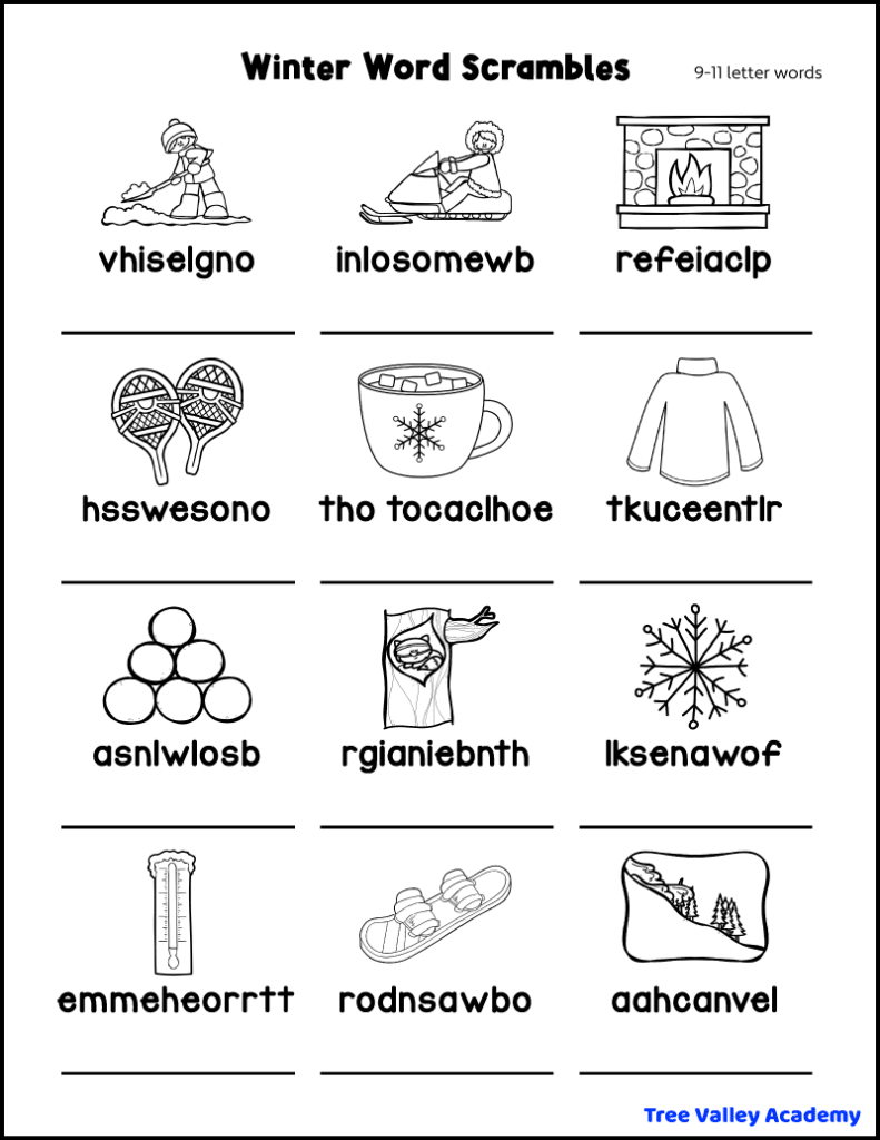 Free printable winter word scramble for kids with a picture for each word. There are 12 jumbled 9 to 11 letter winter words to unscramble.