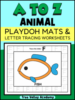 Letter F alphabet tracing worksheet with a fish-themed playdough mat and the text “A to Z Animal Playdoh Mats and Letter Tracing Worksheets