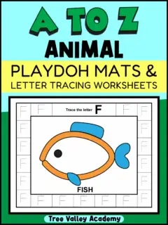 Letter F alphabet tracing worksheet with a fish-themed playdough mat and the text “A to Z Animal Playdoh Mats and Letter Tracing Worksheets