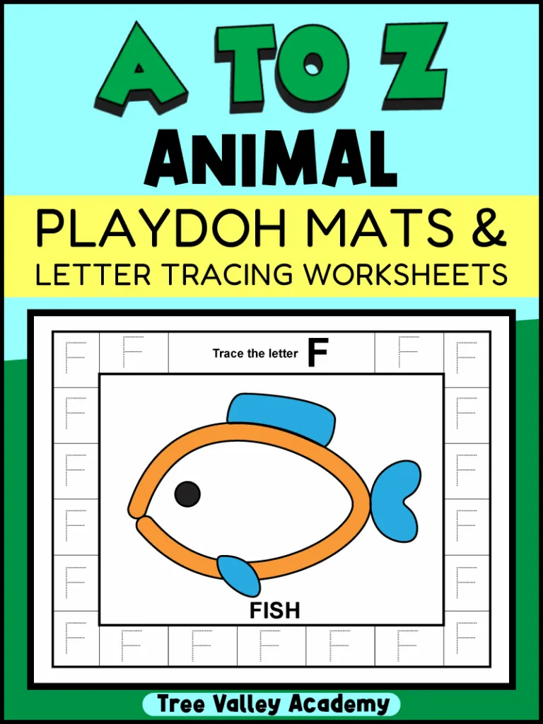 Letter F alphabet tracing worksheet with a fish-themed playdough mat and the text “A to Z Animal Playdoh Mats and Letter Tracing Worksheets".