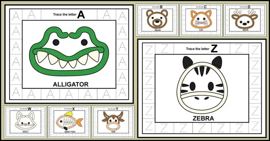 free printable animal themed alphabet playdoh mats for letters A to D and W to Z that includes uppercase letter tracing worksheets