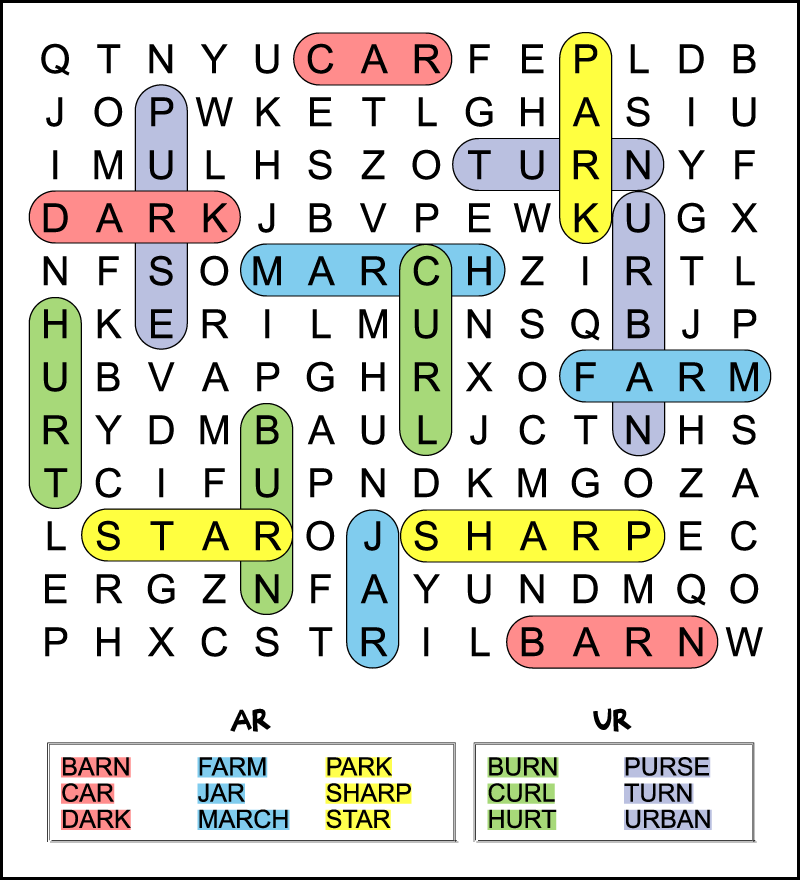 A color coded answer key for a bossy R word search. The easy 2nd grade puzzle has 9 hidden AR and 6 UR words to find. The words are hidden in a 12 X 14 grid of uppercase letters.