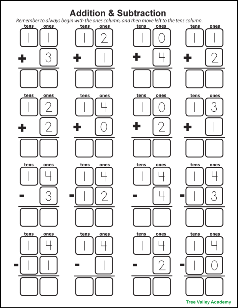A black and white printable 2 column addition & subtraction 1st grade math worksheet. It has 8 adding questions and 8 subtracting questions. Each digit has a box around it and the words "tens" and "ones" are written above each question.