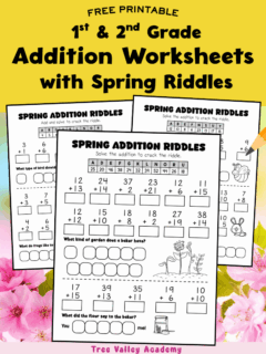 Free printable addition worksheets with spring themed riddles for 1st and 2nd grade kids with fun math puzzles.