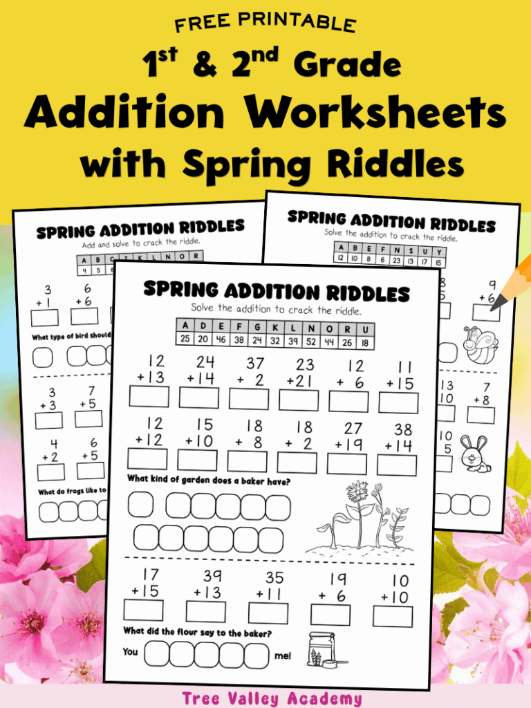 Free printable addition worksheets with spring themed riddles for 1st and 2nd grade kids with fun math puzzles.