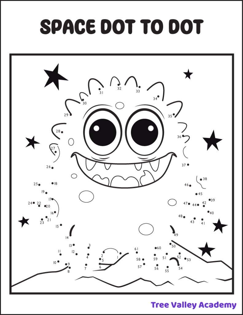 A free printable space themed alien dot to dot 1-61 coloring page for kids.