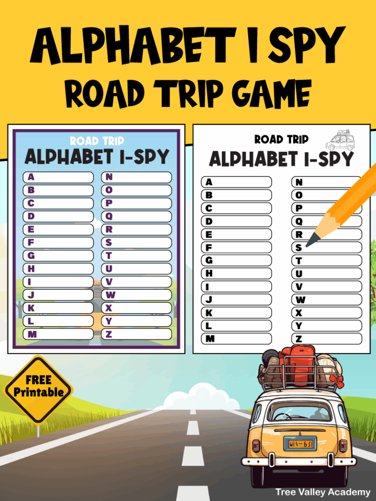 Free printable road trip alphabet I Spy game for kids with color and black-and-white versions shown side by side.