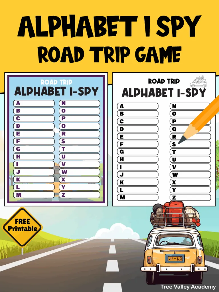 Free printable road trip alphabet I Spy game for kids with color and black-and-white versions shown side by side.
