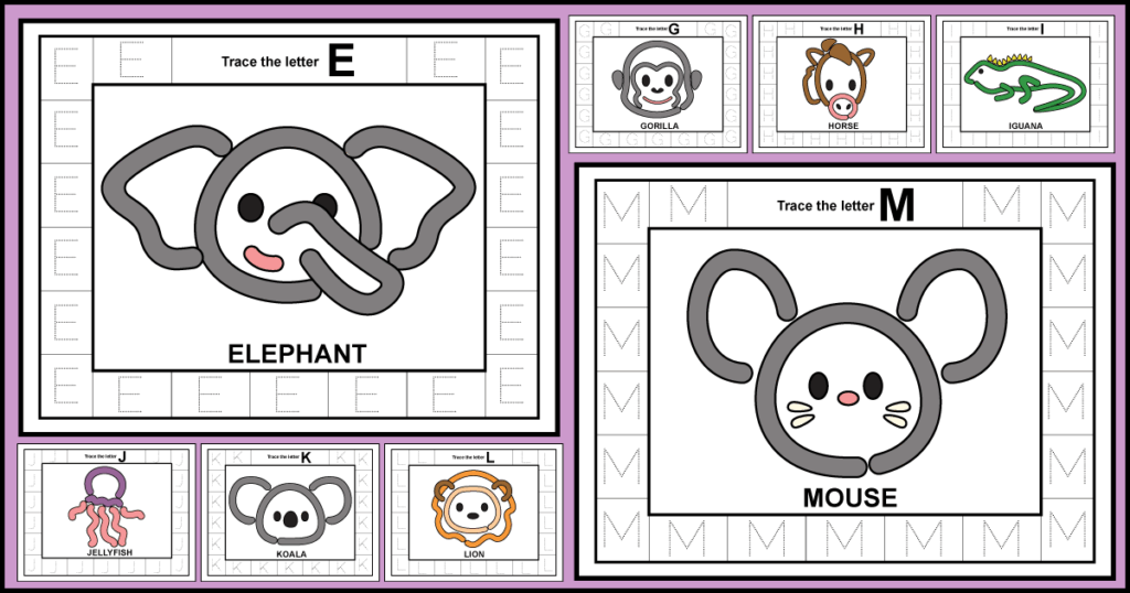 Free printable alphabet playdoh mats for letters E and G through M with uppercase letter tracing along the outer edge and animal-themed playdough centers.