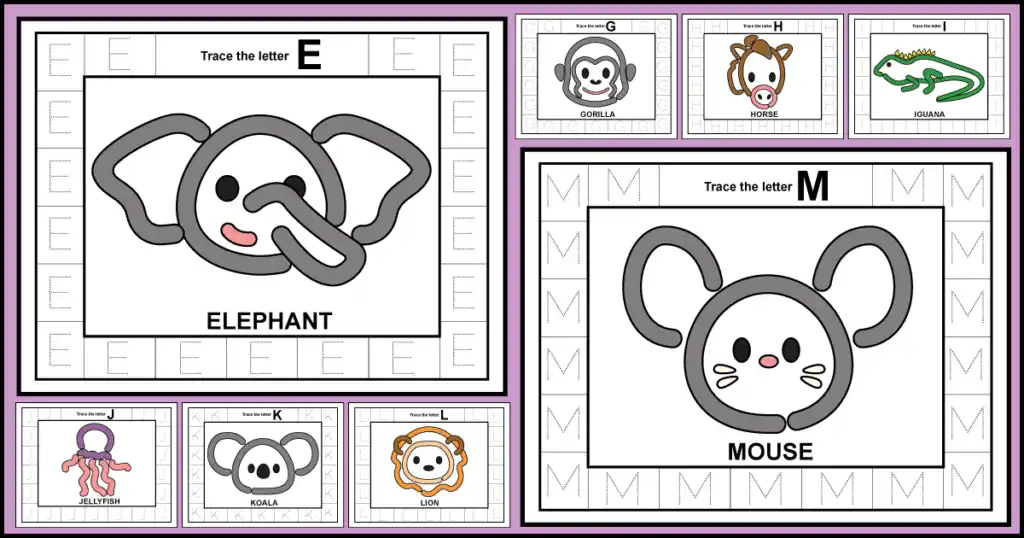 Free printable alphabet playdoh mats for letters E and G through M with uppercase letter tracing along the outer edge and animal-themed playdough centers.