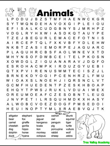 Printable animals word search puzzle for kids with a large grid and animal words like lion, tiger, elephant, dolphin, zebra, and kangaroo.