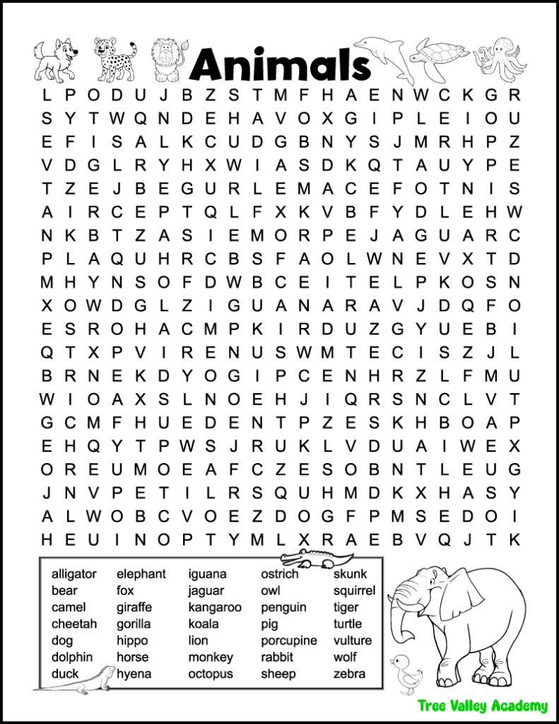 Printable animals word search puzzle for kids with a large grid and animal words like lion, tiger, elephant, dolphin, zebra, and kangaroo.