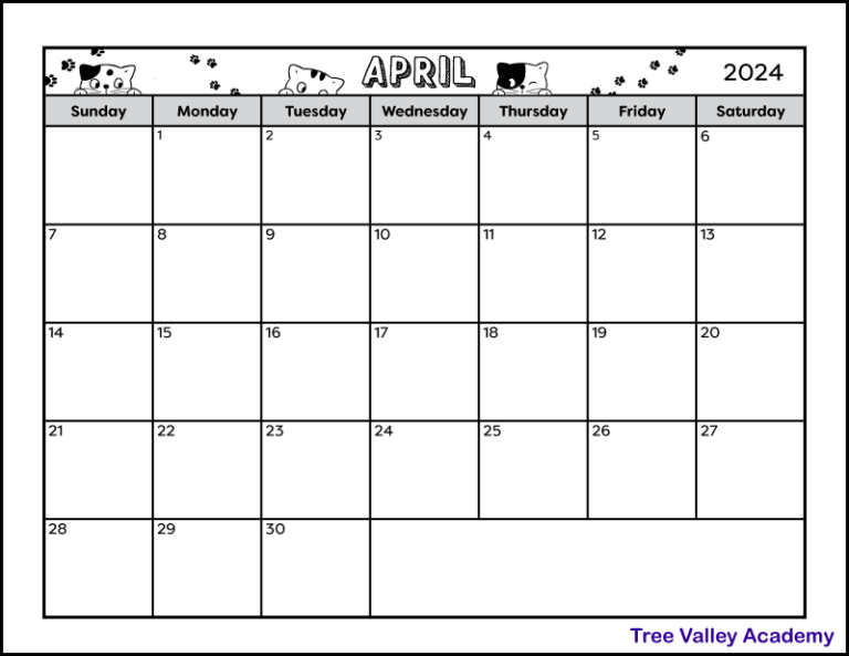 Calendar Worksheet for April 2024 - Tree Valley Academy