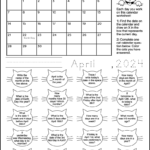 Free printable cat themed calendar worksheet for the month of April 2024. The black and white printable has a calendar of the month and 20 calendar questions written in a cat face shape. It's a coloring worksheet where kids can color the cats of questions they've answered. There are also spots for kids to write and trace the current date.