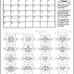 Free printable cat themed calendar worksheet for the month of April 2024. The black and white printable has a calendar of the month and 20 calendar questions written in a cat face shape. It's a coloring worksheet where kids can color the cats of questions they've answered. There are also spots for kids to write and trace the current date.