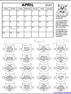 Free printable cat themed calendar worksheet for the month of April 2024. The black and white printable has a calendar of the month and 20 calendar questions written in a cat face shape. It's a coloring worksheet where kids can color the cats of questions they've answered. There are also spots for kids to write and trace the current date.