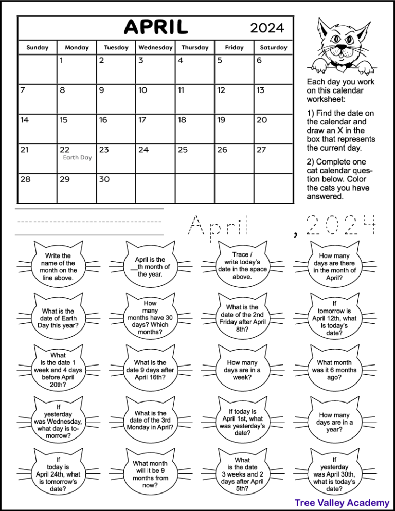Calendar Worksheet for April 2024 Tree Valley Academy