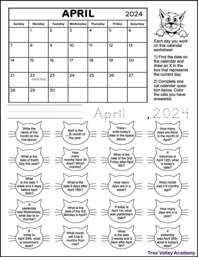 Calendar Worksheet for April 2025 - Tree Valley Academy