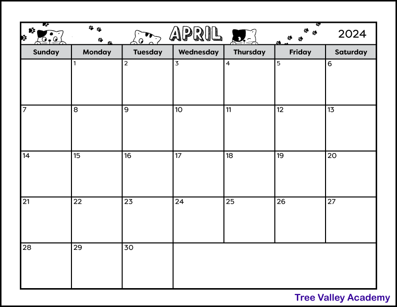 A full page black and white printable April 2024 calendar. The cat-themed calendar is decorated with cat paws and 3 cats peaking over the days of the week boxes. There's also a blank space to write notes.
