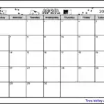 A full page black and white printable April 2025 calendar. The cat themed calendar is decorated with cat paws and 3 cats peaking over the days of the week boxes. There's also a blank space to write notes.