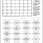 Free printable cat themed calendar worksheet for the month of April 2025. The black and white printable has a calendar of the month and 20 calendar questions written in a cat face shape. It's a coloring worksheet where kids can color the cats of questions they've answered. There are also spots for kids to write and trace the current date.