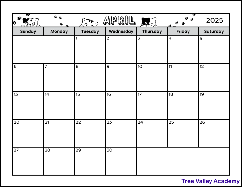 A full page black and white printable April 2025 calendar. The cat themed calendar is decorated with cat paws and 3 cats peaking over the days of the week boxes. There's also a blank space to write notes.