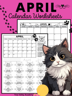 Black and white printable 1st and 2nd grade April calendar worksheet for kids and cute cat themed April calendar. The calendar worksheet has a calendar of the month and 20 calendar questions written in a cat face shape. It's a coloring worksheet where kids can color the cats of questions they've answered. There are also spots for kids to write and trace the current date.