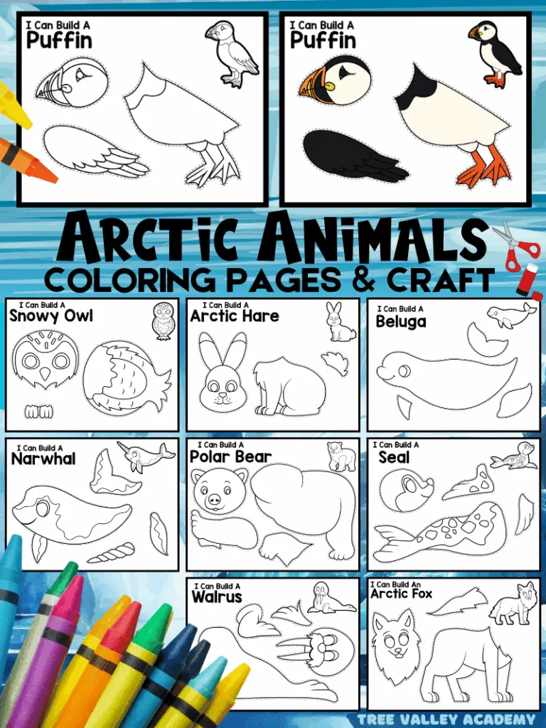 Free printable arctic animals cut and paste craft for kids showing polar bear, arctic fox, puffin, seal, walrus, narwhal, beluga whale, snowy owl, and arctic hare coloring pages.