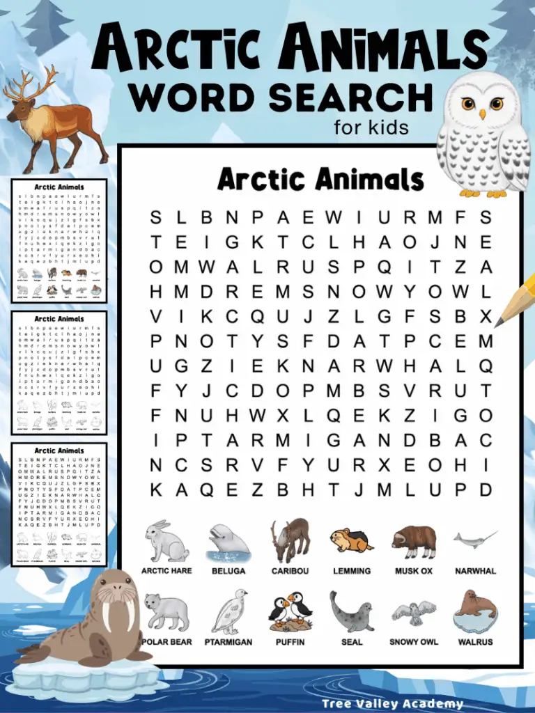 Arctic animals word search for kids with illustrated animals, including polar bear, walrus, seal, puffin, and snowy owl.