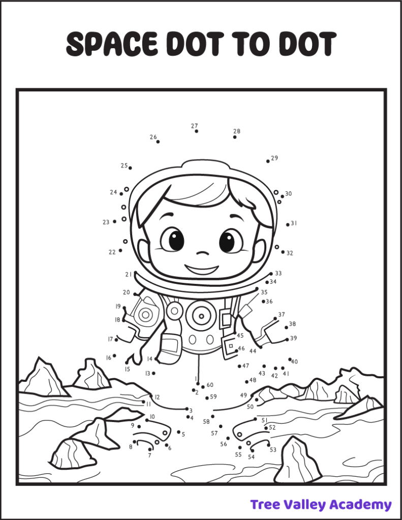 A free printable space themed astronaut dot to dot coloring page for kids with dots from 1 to 60.