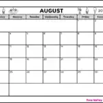 A full page black and white printable August 2025 calendar. 6 ice cream cones including a banana split decorate the top area with the month and year. The blank calendar has 2 spaces to write notes. The page is landscape orientation.