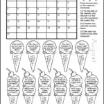 Black and white printable August 2025 calendar worksheet. There are 11 ice cream cones: 5 with one scoop and 6 with 2 scoops and a cherry. Each scoop of ice cream has a 1st grade calendar question written inside. It's a coloring worksheet where kids can color the ice cream scoops and cones of questions they've answered.