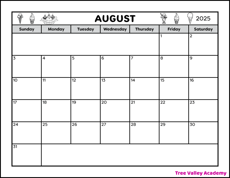 A full page black and white printable August 2025 calendar. 6 ice cream cones including a banana split decorate the top area with the month and year. The blank calendar has 2 spaces to write notes. The page is landscape orientation.