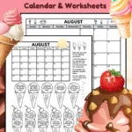 Cute ice cream themed black and white printable blank August calendar and calendar worksheets for 1st & 2nd grade. Each worksheet has an August calendar and 17 grade-level calendar questions to answer written inside an ice cream scoop. Kids color each scoop as they answer its question.