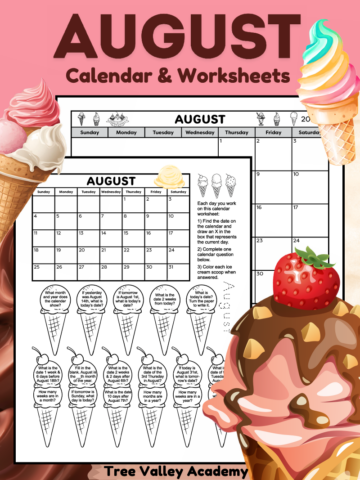 Cute ice cream themed black and white printable blank August calendar and calendar worksheets for 1st & 2nd grade. Each worksheet has an August calendar and 17 grade-level calendar questions to answer written inside an ice cream scoop. Kids color each scoop as they answer its question.