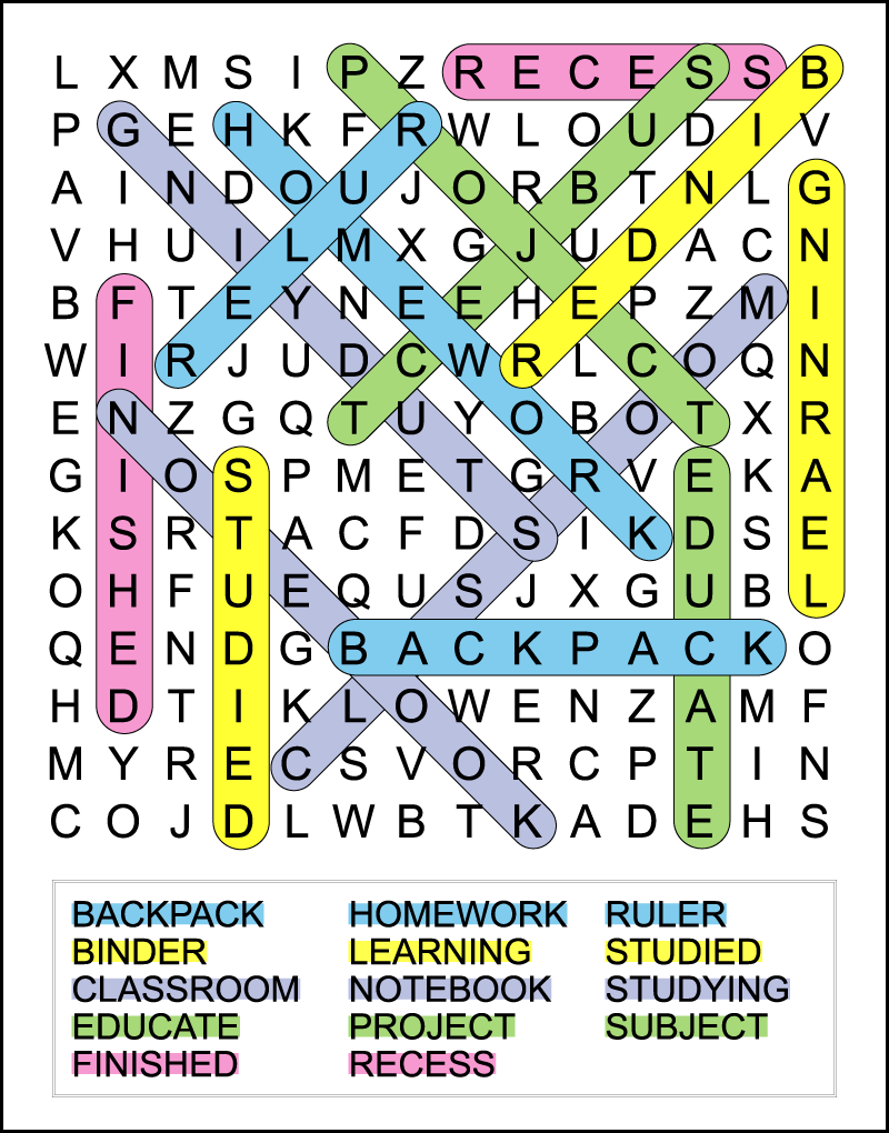 A color-coded back to school word search answer key.