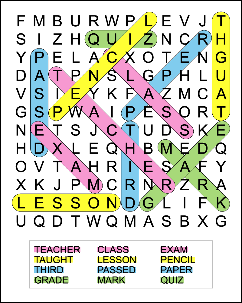 A color-coded 3rd grade back to school word search answer key. There are 12 hidden words in a 12 X 12 grid of uppercase letters.