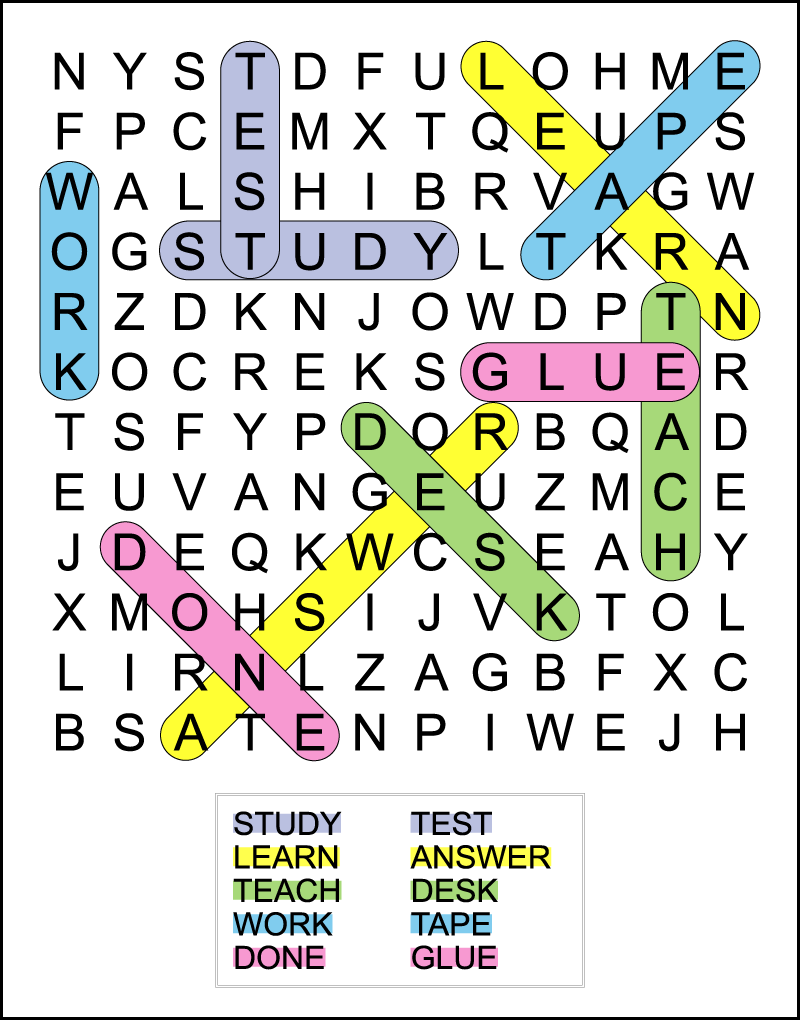 A back to school word search answer key for a 2nd grade puzzle. The answers are color coded to make it easy to find each hidden word.