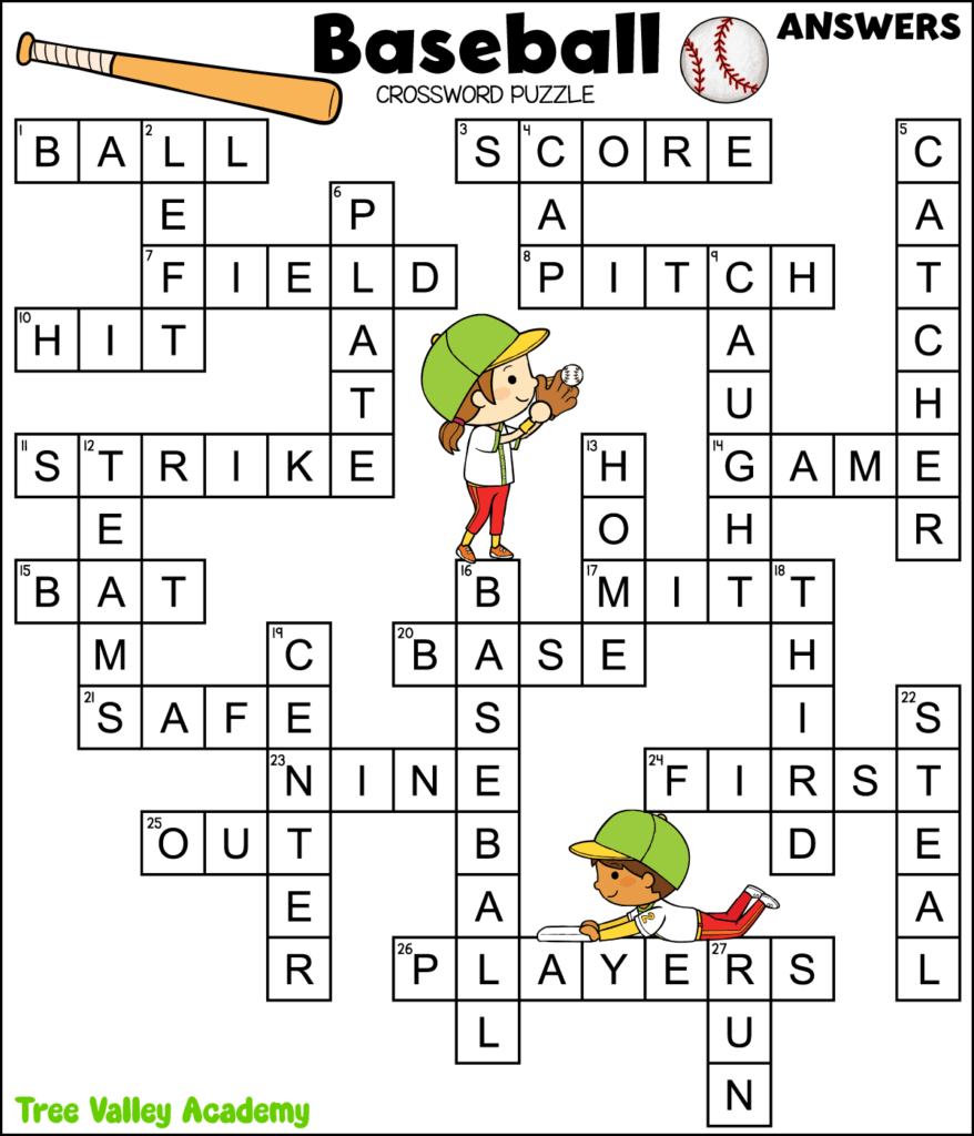 baseball crossword puzzle answer key for kids showing completed puzzle with baseball vocabulary words