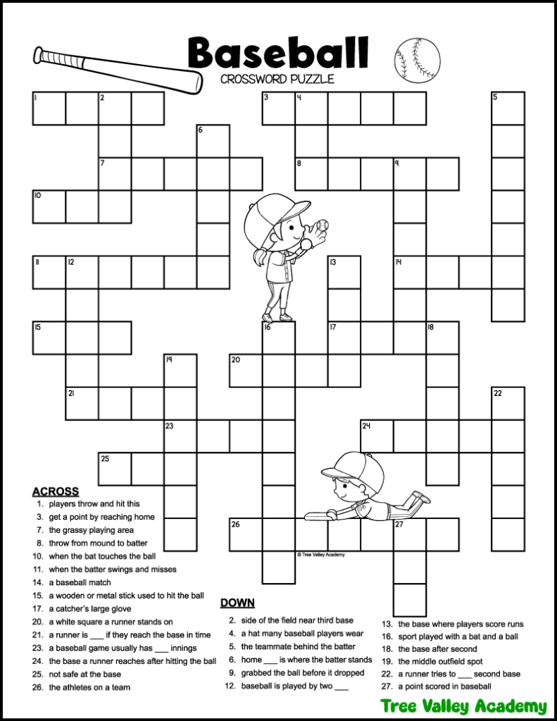 Free printable baseball crossword puzzle for kids. Images of a bat, ball and baseball themed images decorate the puzzle. The black-and-white puzzle has 27 clues.