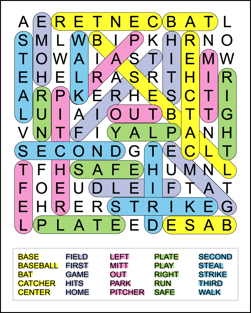 A color coded baseball word search answer key. The 3rd grade puzzle has 25 hidden words in a 12 X 12 grid of uppercase letters. The answer key shows the letters of the mystery message which is: "All I know is we are having fun out there."