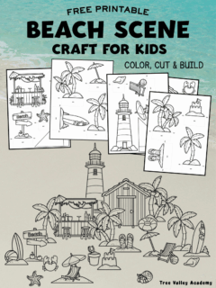Free printable beach paper craft for kids with coloring pages that can be cut, folded, and arranged into a 3D beach scene with palm trees, a lighthouse, beach hut, umbrellas, surfboards, sand castles, crabs, sea star, shells, and summer decorations.