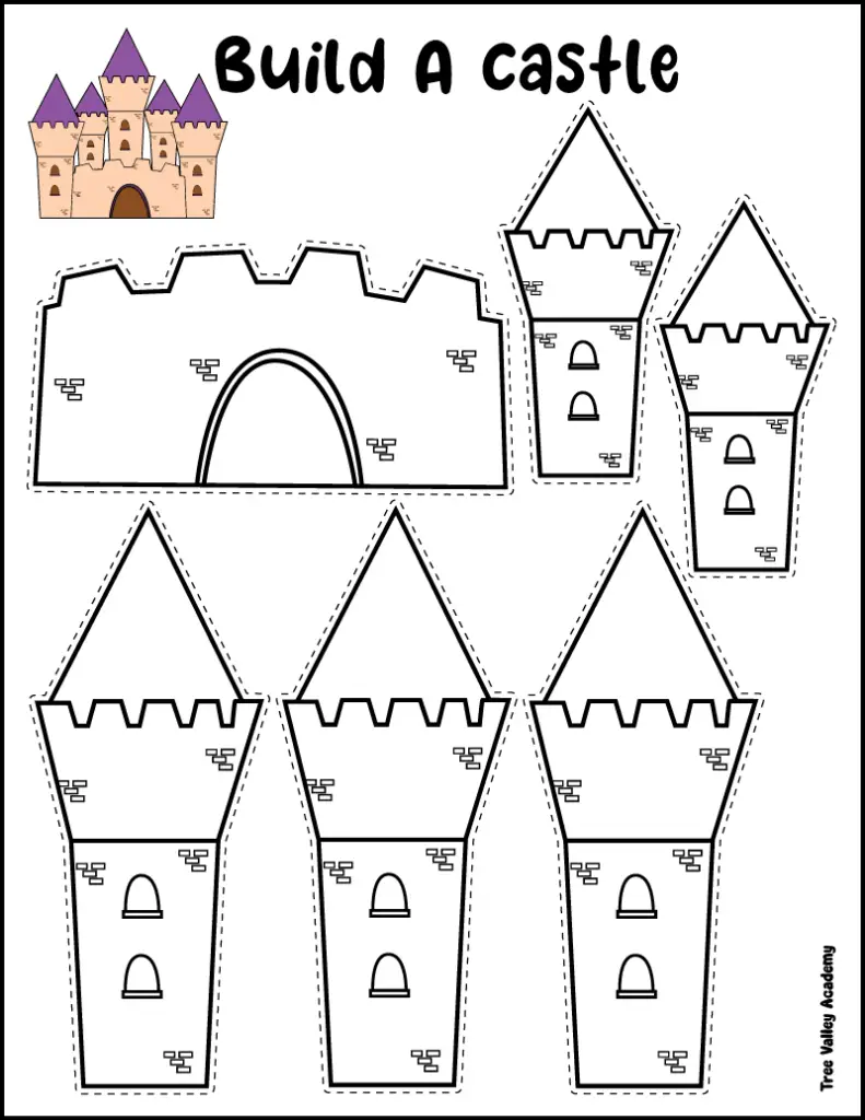 Printable build a castle cut and paste craft for kids with castle towers and walls to color and assemble