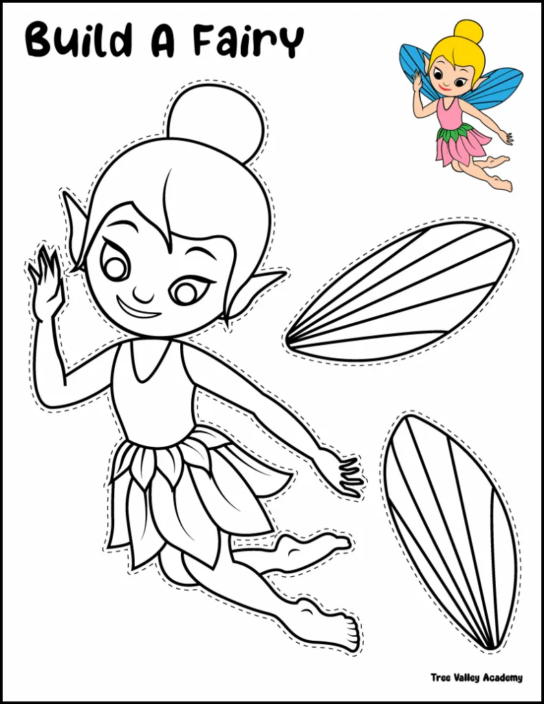 Printable fairy cut and paste craft for kids with wings and body pieces to color and assemble