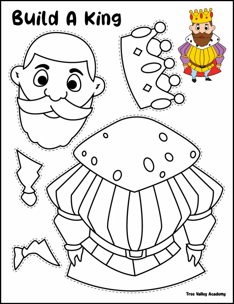 Printable king cut and paste craft for kids with crown and robe and leg pieces to color and assemble