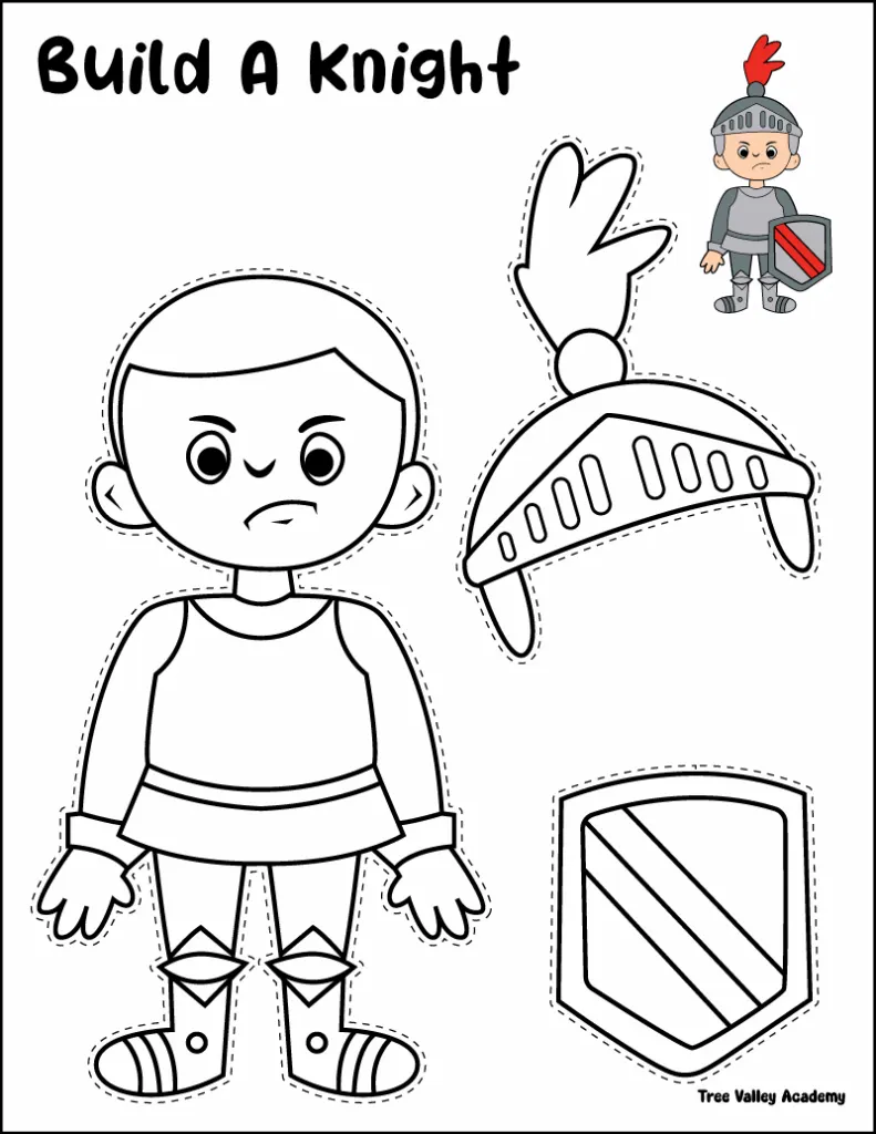 Printable knight cut and paste craft for kids with helmet and shield to color and assemble