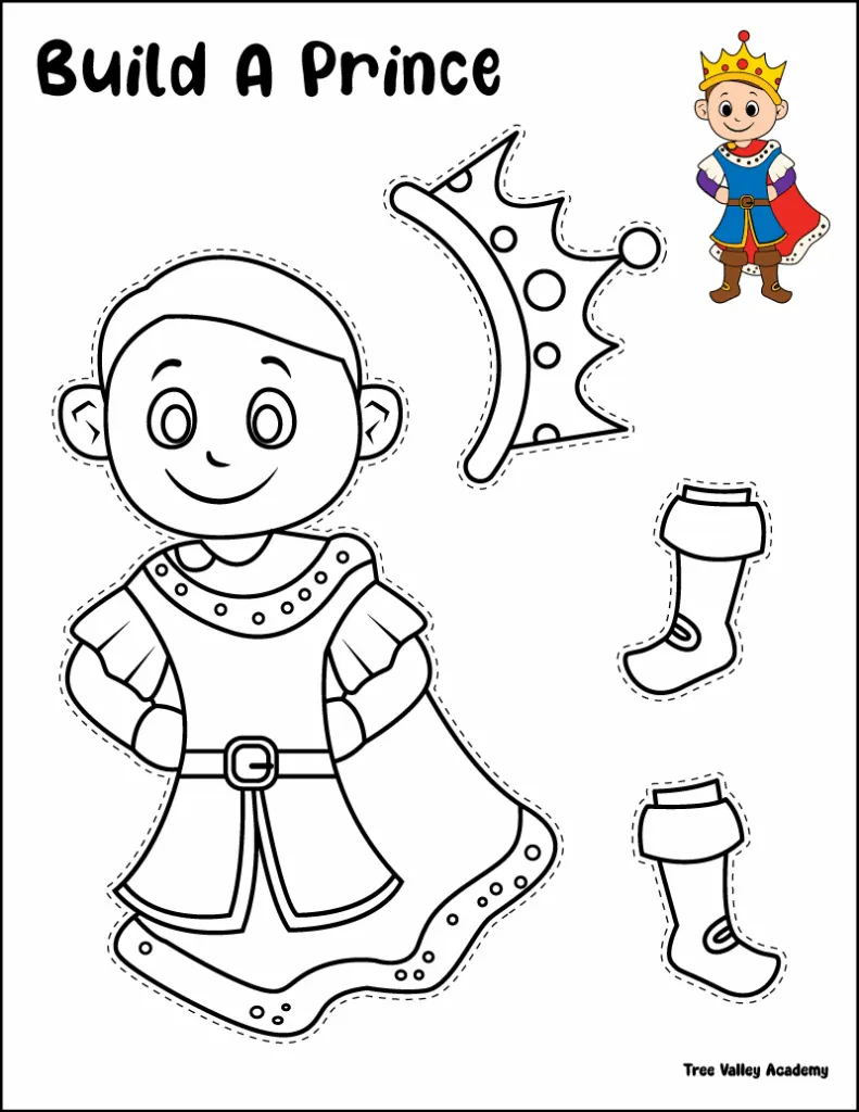 Printable prince cut and paste craft for kids with crown and costume pieces to color and assemble