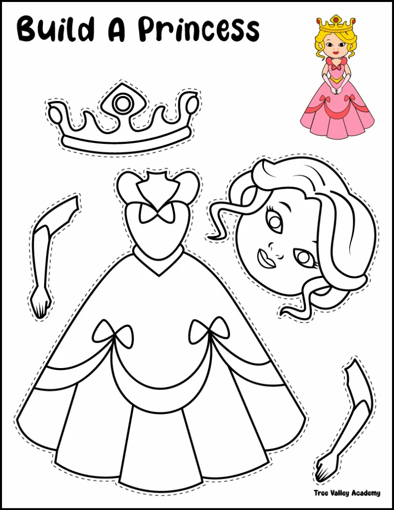 Printable princess cut and paste craft for kids with dress and crown pieces to color and assemble
