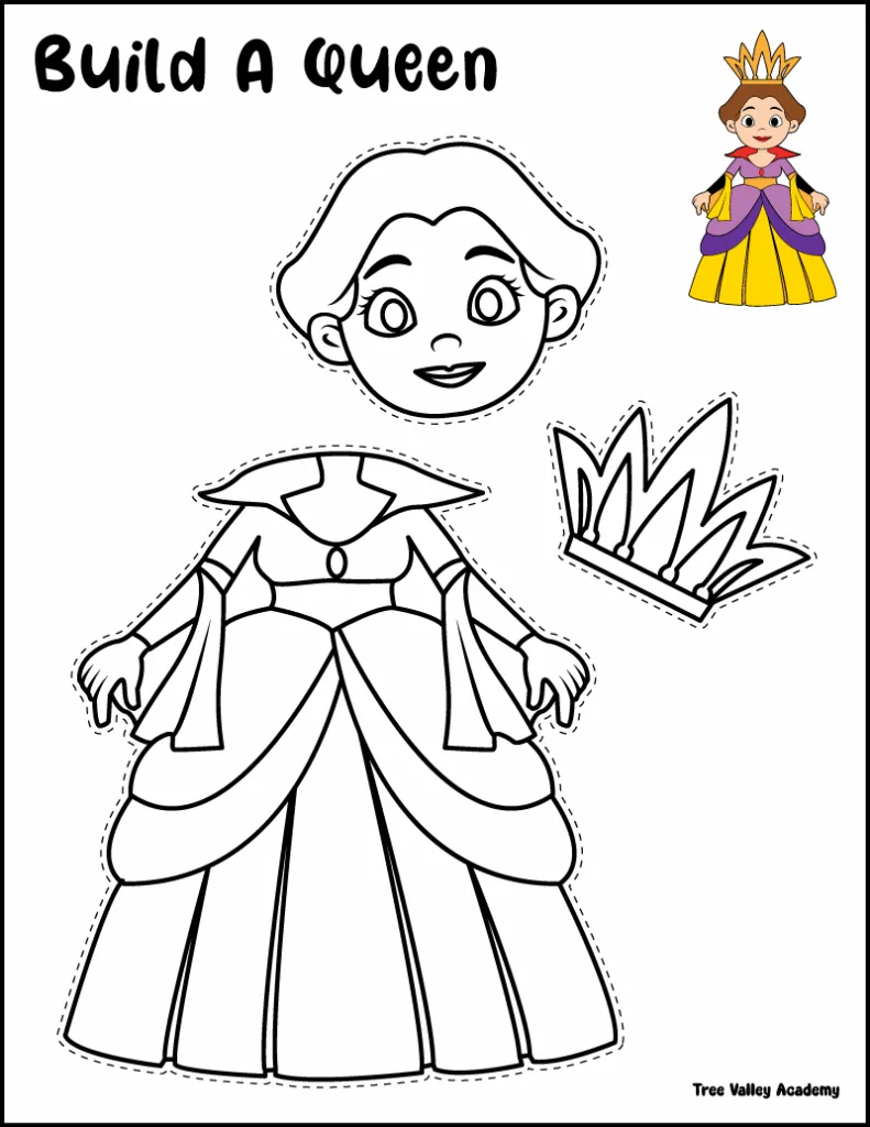 Printable queen cut and paste craft for kids with crown and gown pieces to color and assemble